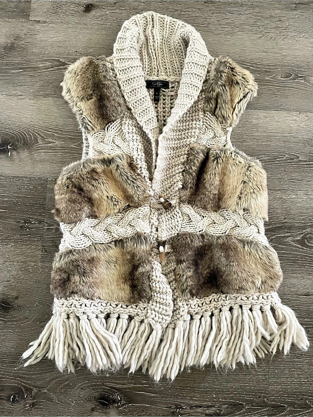 Jessica Simpson Faux Fur Knit Vest Cream L wool blend grunge